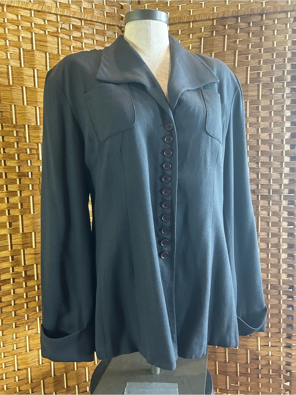 Vintage 80s Express Black Military Blazer Longline Avant Garde Size 11/12